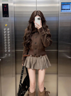 复古高级感一体毛领短款外套女新款高腰A字百褶格纹短裙子两件套