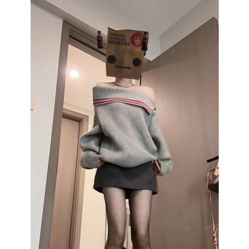 斜肩毛衣针织衫搭半身裙两件套