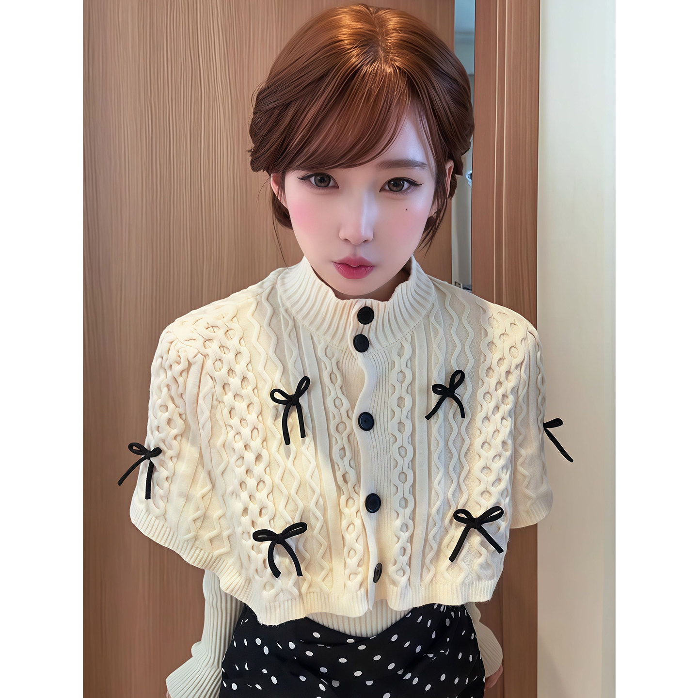 复古名媛风蝴蝶结短款针织开衫长袖打底衫女高腰波点半身裙三件套,女装/女士精品,时尚套装,淘宝优惠券,粉丝福利购,淘宝优惠卷