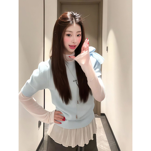 甜美氛围感收腰圆领针织衫短袖上衣女新款设计感修身别致泡泡短袖