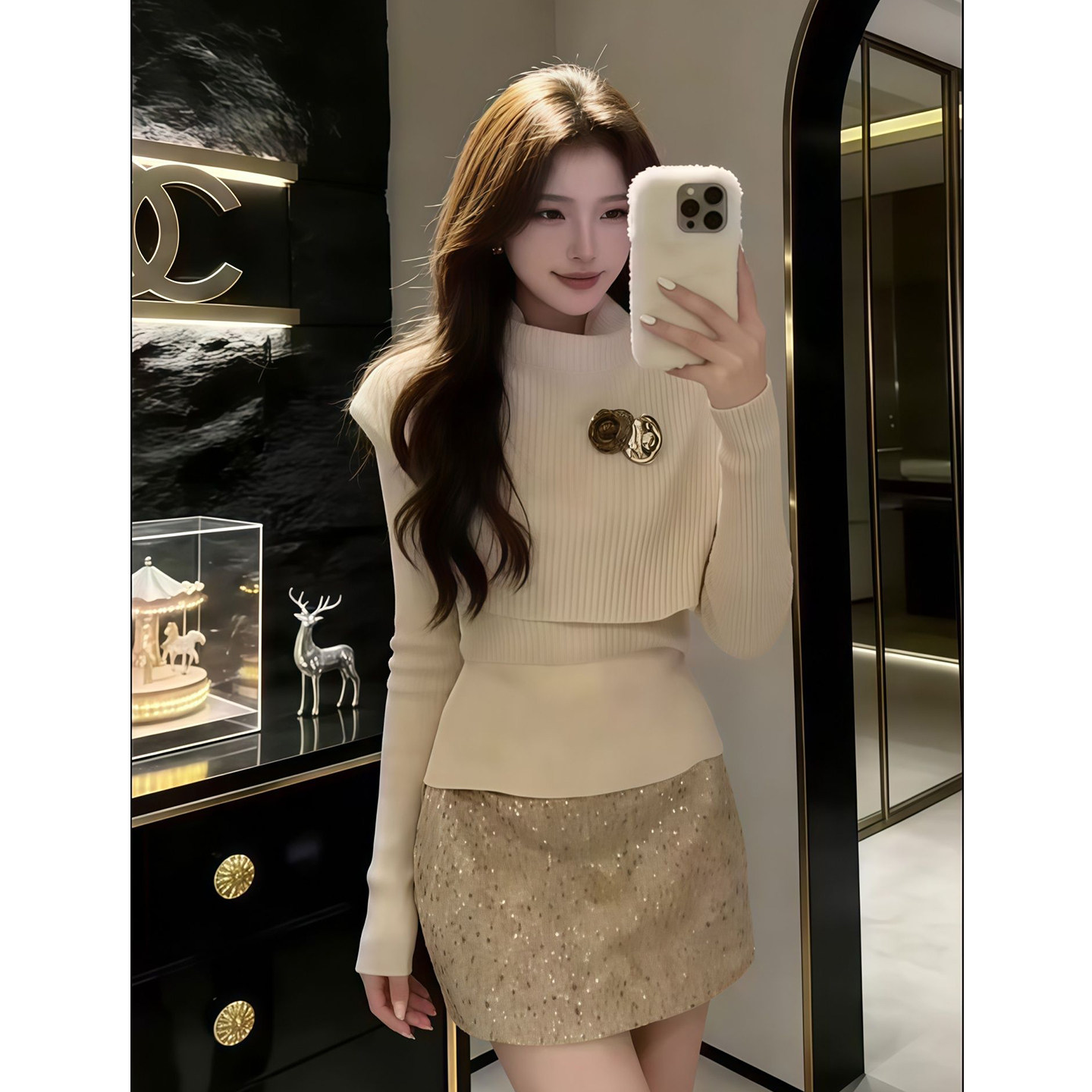 气质减龄感小香风斗篷披肩长袖针织毛衣搭修身显瘦亮片半身裙套装,女装/女士精品,时尚套装,淘宝优惠券,粉丝福利购,淘宝优惠卷