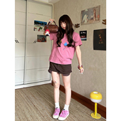 香芋粉趣味印花圆领短袖 T恤女2026春夏新款 复古简约休闲百搭上衣