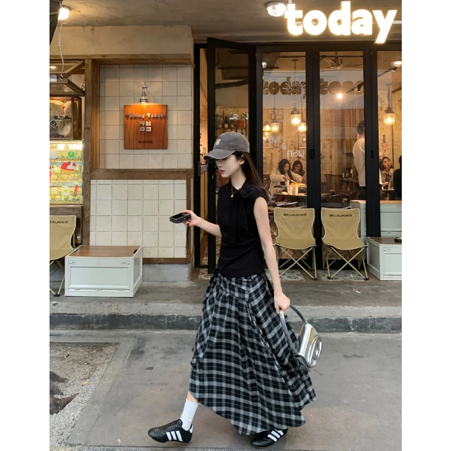 慵懒绑带背心+不规则半身裙套装女时髦无袖上衣搭格纹裙子两件套,女装/女士精品,时尚套装,淘宝优惠券,粉丝福利购,淘宝优惠卷