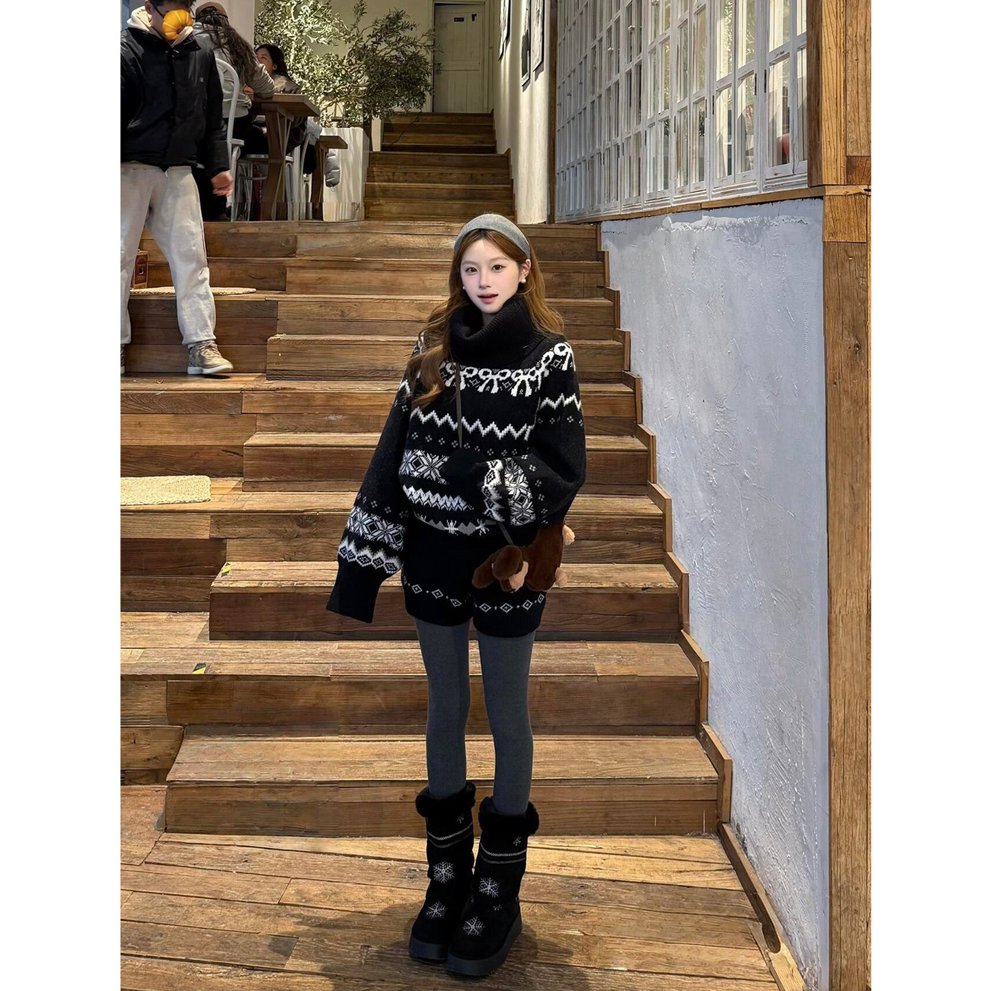 黑色费尔岛提花针织套装女春季高领套头毛衣短裤2026年新款两件套,女装/女士精品,时尚套装,淘宝优惠券,粉丝福利购,淘宝优惠卷