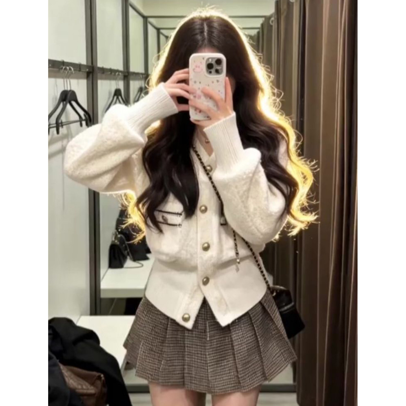 岚茜朵小香风高级感套装裙女收腰保暖外套格纹百褶半身裙子两件套