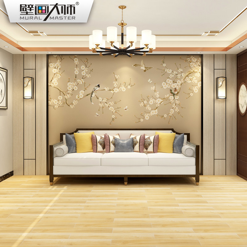 电视背景墙壁纸新墙纸客厅装饰壁画手绘梅鸟墙布复古墙纸
