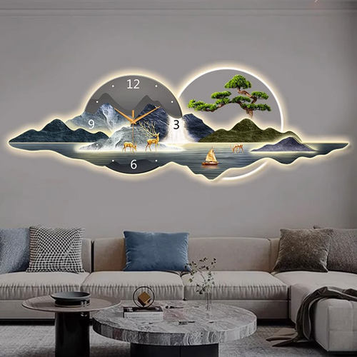 带灯静音钟表客厅端装饰画发光沙发背景墙挂钟壁灯画靠山图