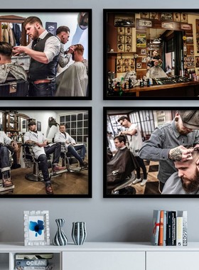 油头馆eho挂画复古男士发型理发店装饰画发廊图片墙面壁画