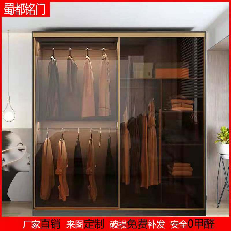 钢化玻璃门定制推拉门茶色衣橱柜门极窄框黑色移门滑动门