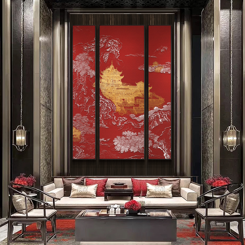 新中式客厅装饰画高端大气会所z大堂挂画别墅浮雕立体背景组合壁图片