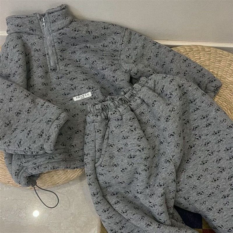 2024秋冬装女童羊羔绒套装儿童加绒加厚立领拉链卫衣卫裤两件套