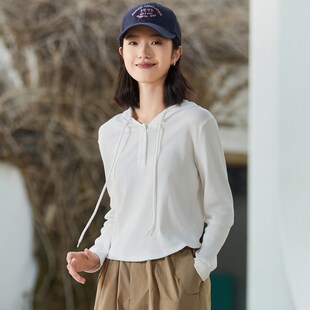 连帽打底衫女春秋2025新款内搭修身长袖上衣短款外穿薄款白色卫衣
