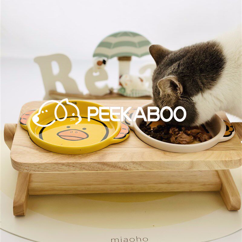 宠物陶瓷猫碗狗碗小型犬酷彩宠物盘碟BD水碗双碗实木可调节碗架