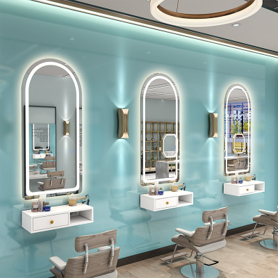 网红理发店镜子美容美发镜柜子一体工具柜实木发廊专用台带灯挂墙