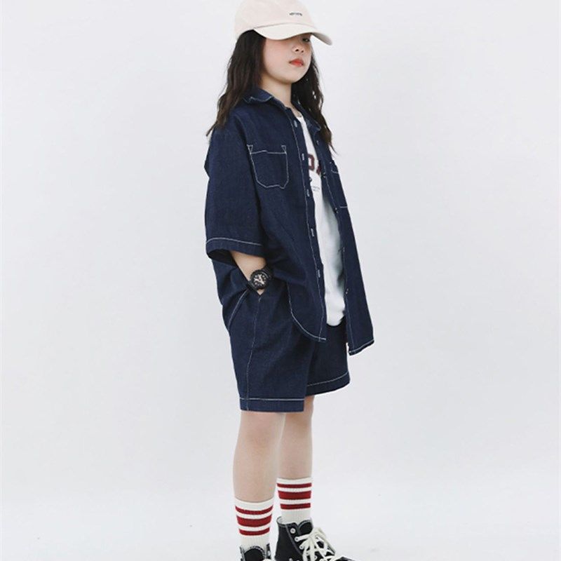 童装女童牛仔套装2024夏装新款中大童短袖短裤休闲宽松衬衫两件套