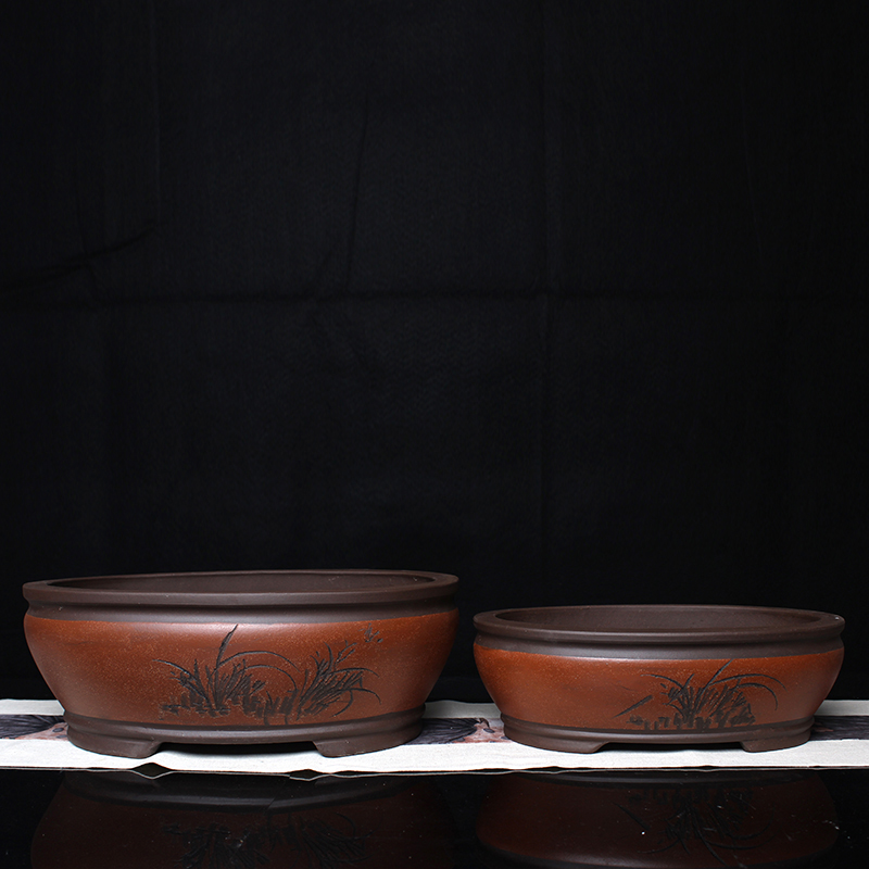 宜兴紫砂椭圆形花盆两件套花盆盆景盆兰花盆梅花盆阳台室内盆栽盆