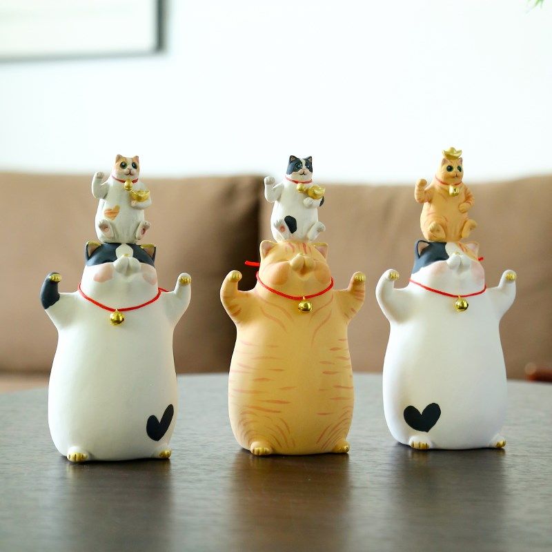 可爱手作陶瓷招财猫咪创意家居办公桌面高级感装饰摆件女生小礼物