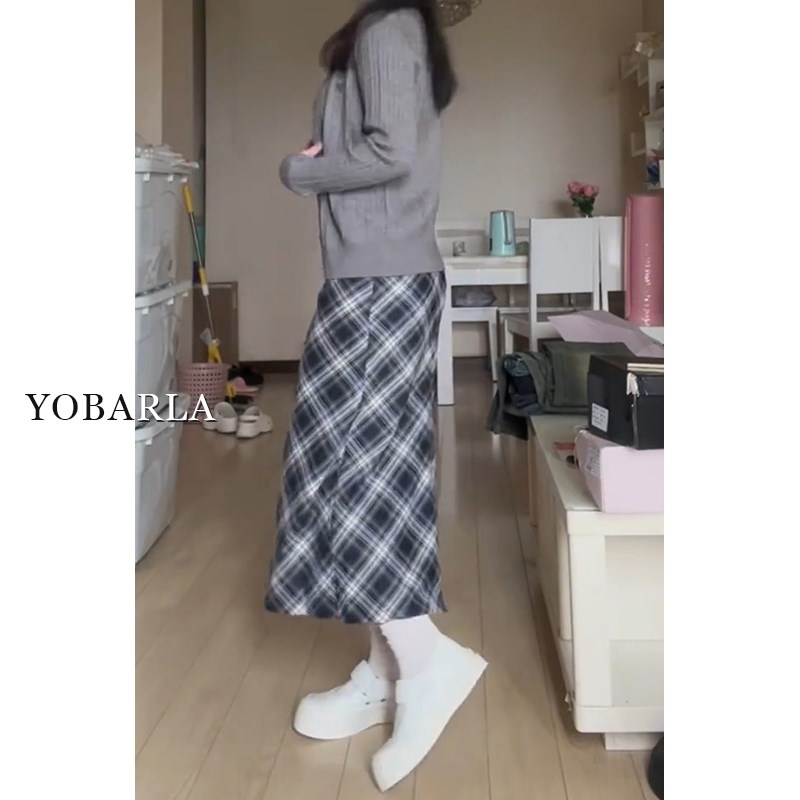 格子半身裙女春秋高腰胖mm大码显瘦梨形身材遮肚子中长款a字裙子