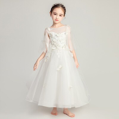 公主裙女童蓬蓬纱儿童晚礼服长款花童婚纱模特走秀宴会礼裙秋冬白