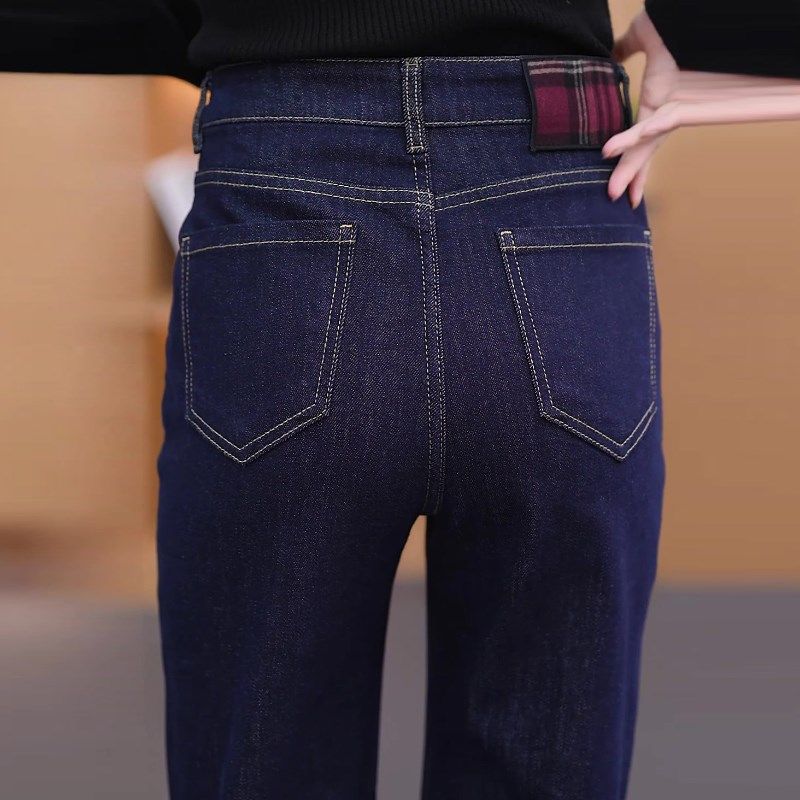 深蓝色直筒加绒牛仔裤女秋冬加厚2024年新款高腰窄版阔腿女裤冬季