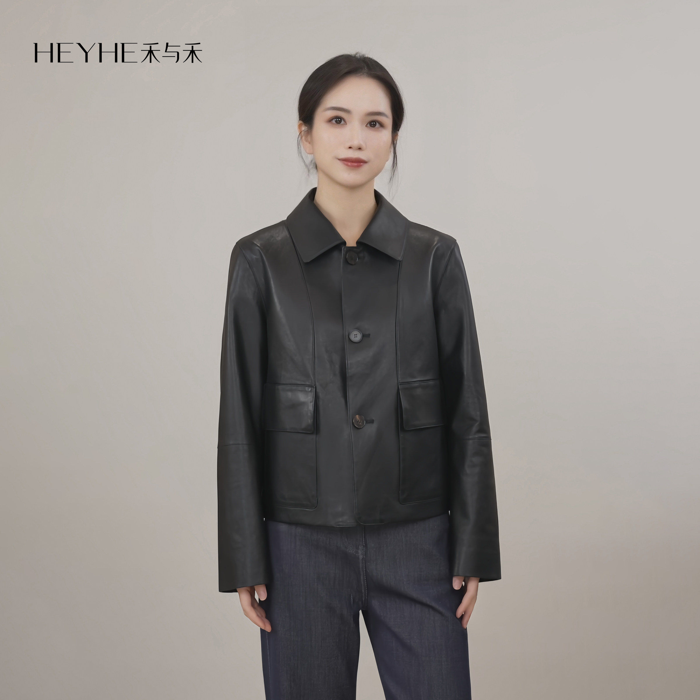 小禾【掌中宝】进口绵羊全植鞣皮复古翻领排扣修身夹克皮衣外套女