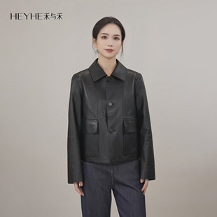 夹克皮衣外套女 进口绵羊全植鞣皮复古翻领排扣修身 小禾 掌中宝