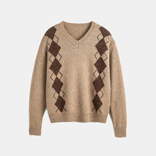 小禾【星汉】绵羊毛桑蚕丝定纺花式纱嵌花菱格V领毛衣