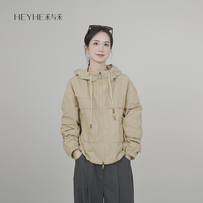 小禾【漫游夹克】精棉混纺户外休闲气质现代复古连帽冲锋夹克短外