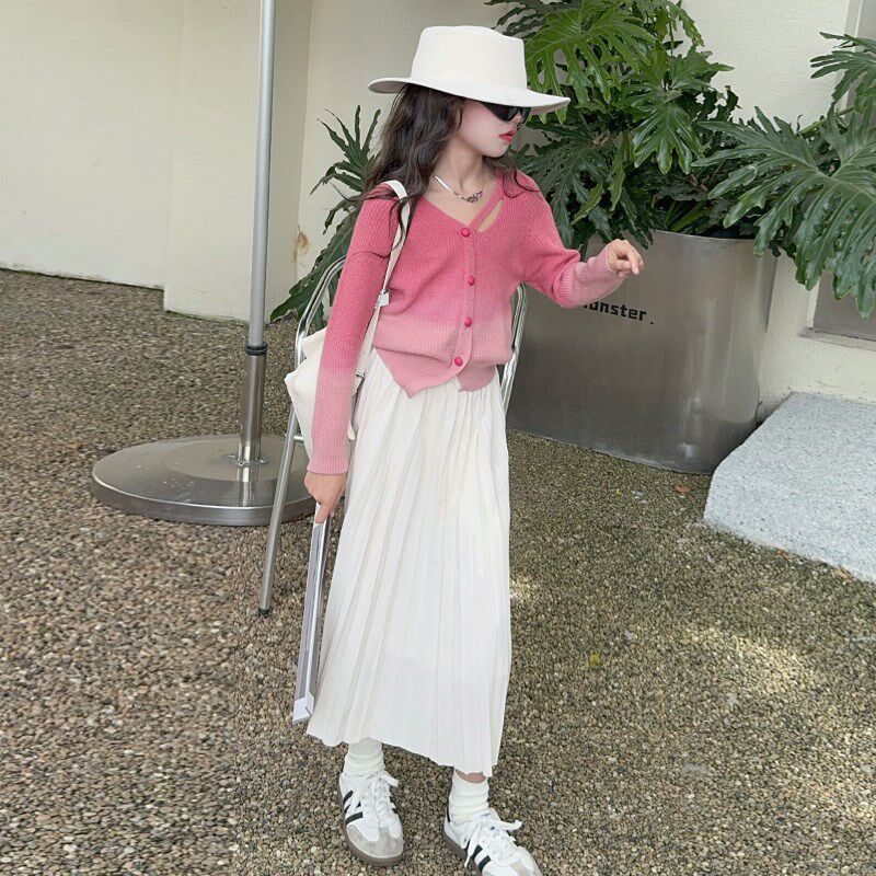 女大童半身裙百褶收腰裙子2024秋装女童白色半身长裙过膝A字裙秋