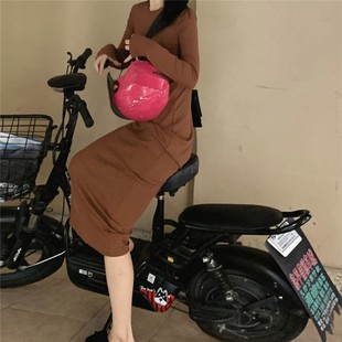 超长到脚踝针织连衣裙 螺纹长袖过膝内搭长裙 春秋薄款直筒打底裙