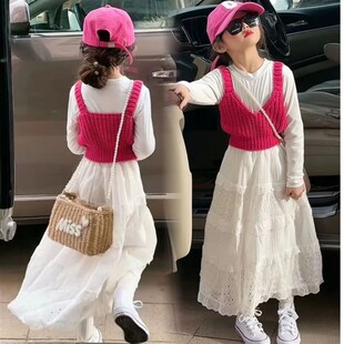 女童套装春秋款2024新款洋气大童时髦网红卫衣儿童春装裙子三件套