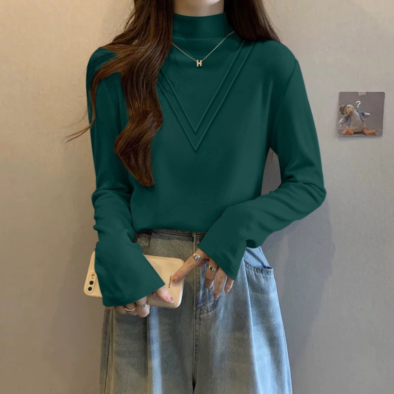 德绒加绒半高领黑色长袖打底衫女2025新款秋冬季洋气内搭时尚时髦