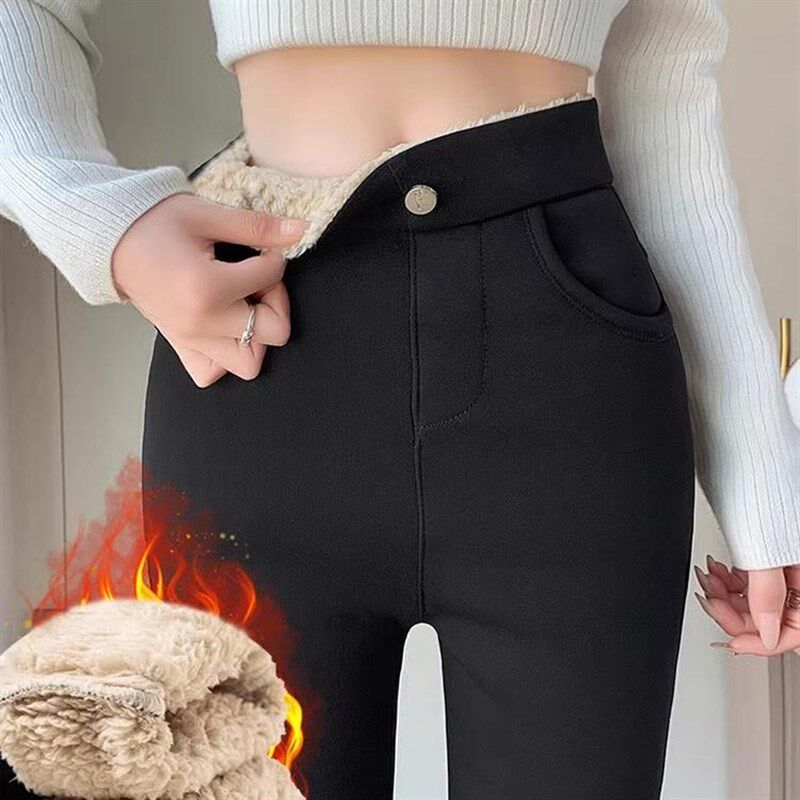 黑色打底裤女加长版秋冬新款羊羔绒小脚铅笔裤高腰170外穿加绒厚
