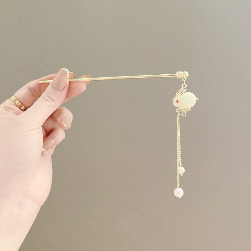 高级感古风兔子发簪儿童步摇流苏新中式汉服盘发钗子金属简约簪子