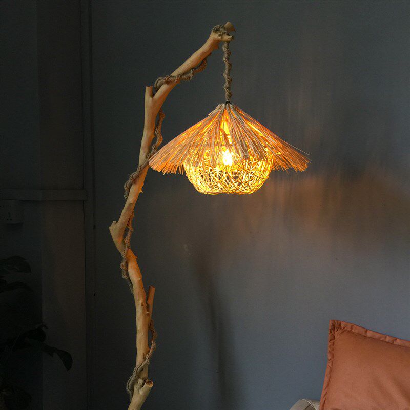 插电式藤编草帽吊灯侘寂风禅意茶室氛围灯复古diy手工编织灯罩