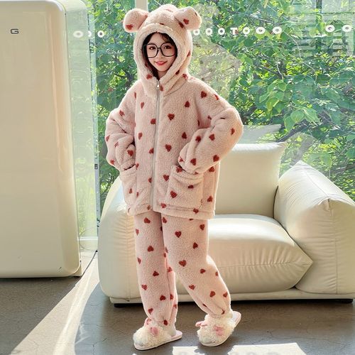 洋气冬季女童法兰绒睡衣爱心甜美加厚珊瑚绒连帽保暖家居服两件套