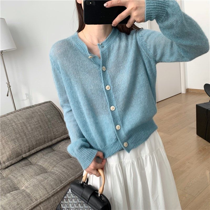 细米定制 显白色系马海毛针织开衫圆领薄款显瘦绵羊毛外套女上衣