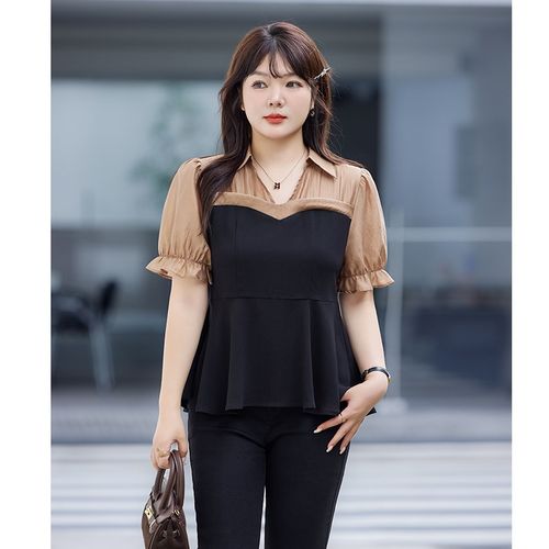 2024夏装新款法式气质V领收腰显瘦短袖气质雪纺衫大码胖MM上衣女