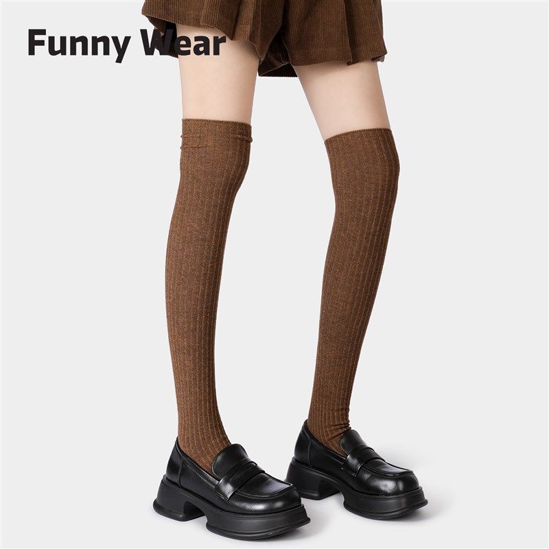 小腿袜子女过膝长筒袜春秋季棉质大腿袜长筒靴袜jk咖色高筒堆堆袜
