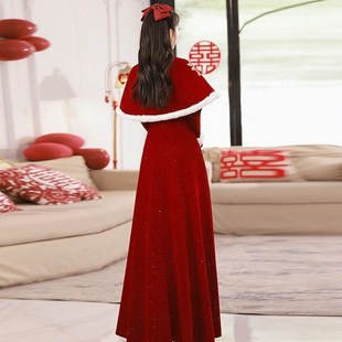 敬酒服新娘2024新款酒红回门订婚连衣裙冬季新中式宴会礼服气质款
