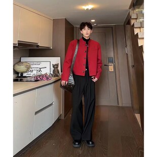 安可拉红毛呢西装外套男士老钱风穿搭短款夹克秋冬新中式西服套装
