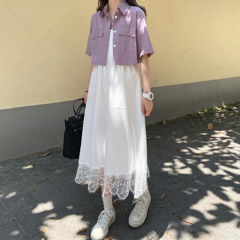 夏季高腰短款衬衫女香芋紫披肩开衫搭配吊带裙子的外搭长裙小外套