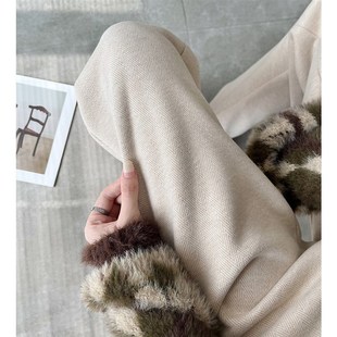 米色人字纹阔腿裤女秋冬2024新款高腰窄版小个子直筒毛呢加绒裤子