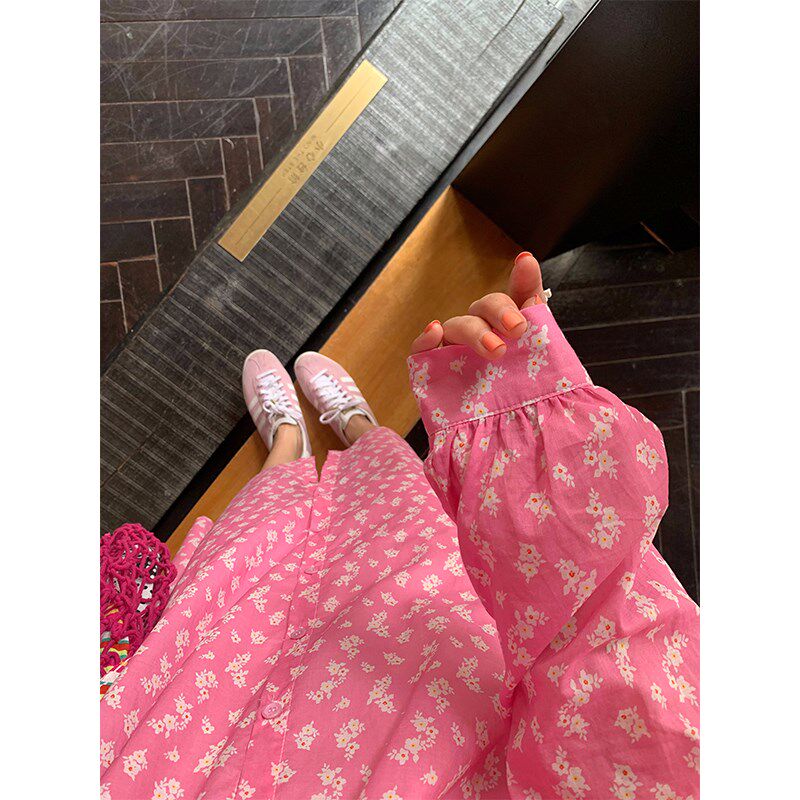 落落狷介春日碎花裙粉色长袖碎花衬衫连衣裙2024新款小个子衬衫裙