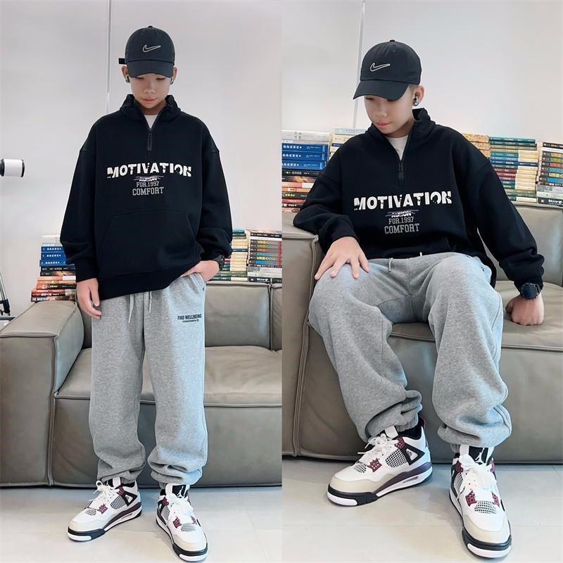 男童半拉链立领加绒卫衣中大童冬装一体绒套头卫衣宽松保暖外套潮