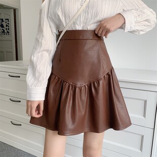 大码高腰PU小皮裙荷叶边设计感半身裙胖mm遮胯遮肚显瘦A字裙短裙