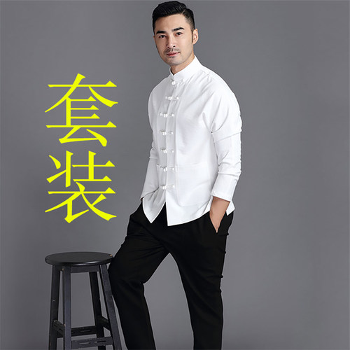 中国风唐装男青年休闲立领中式盘扣打底长袖衬衫秋季修身复古套装