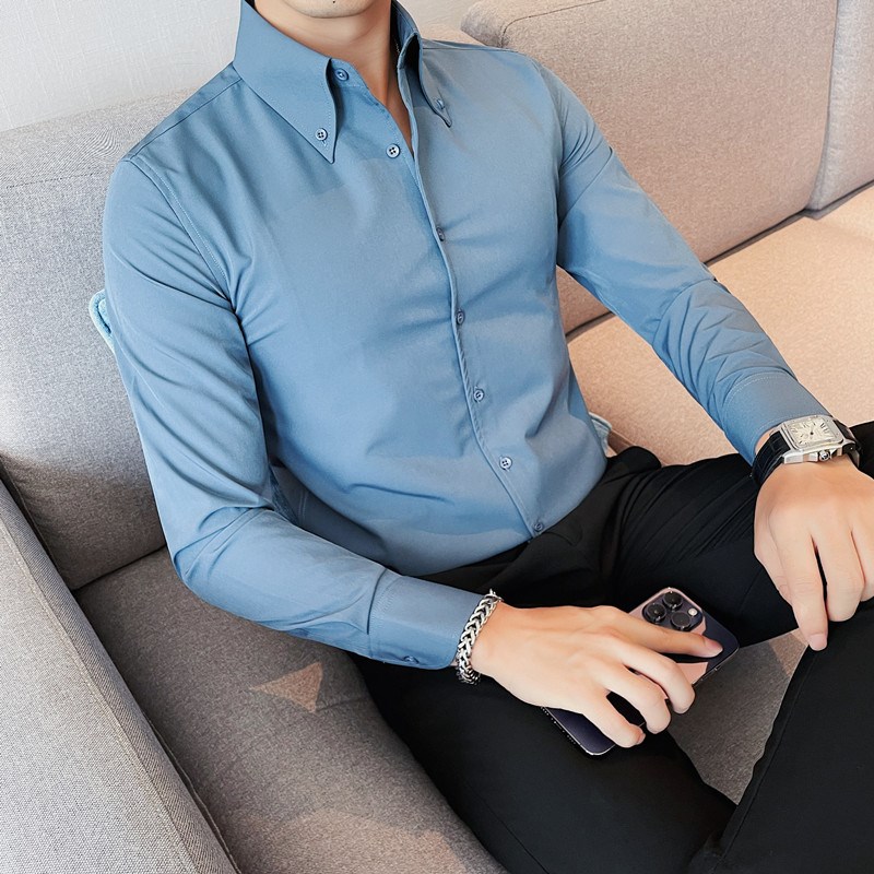 2024秋季新款长袖白色衬衫英伦商务正装法式扣大尖领免烫修身衬衣