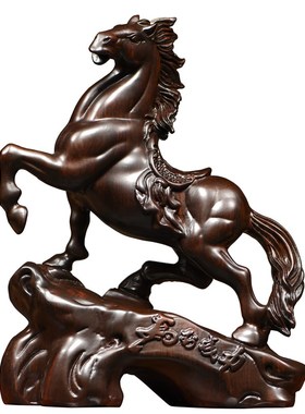 黑檀木雕马摆件实木新中式马到成功家居客厅书房办公桌面装饰礼品