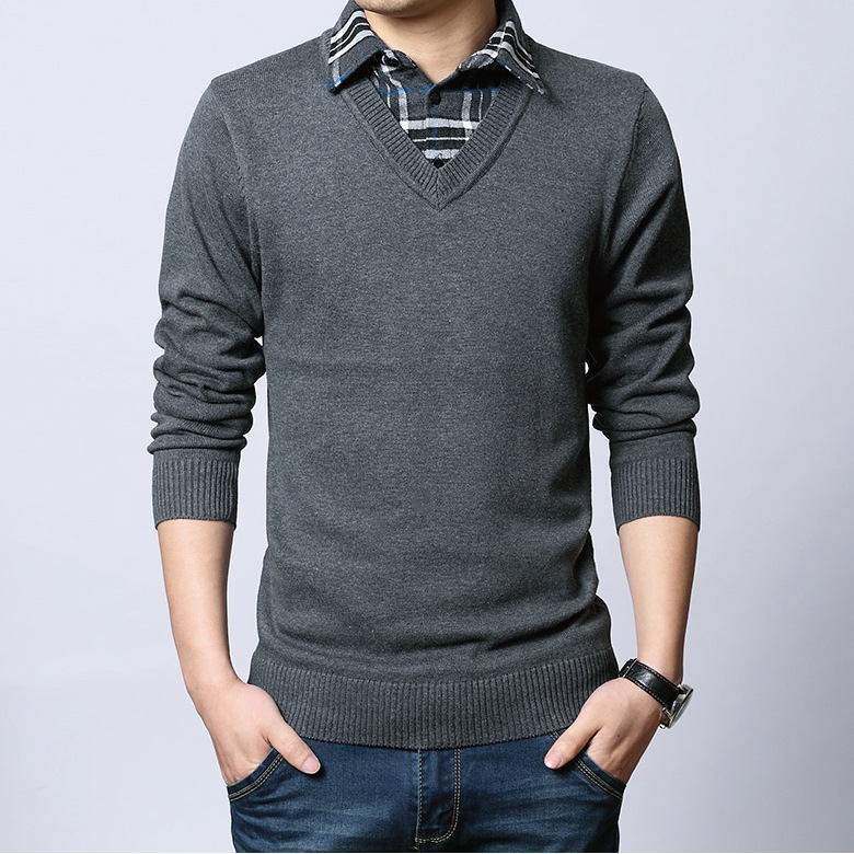 男装春秋外套修身时尚休闲衬衫领简洁长袖套头有领假两件打底毛衣